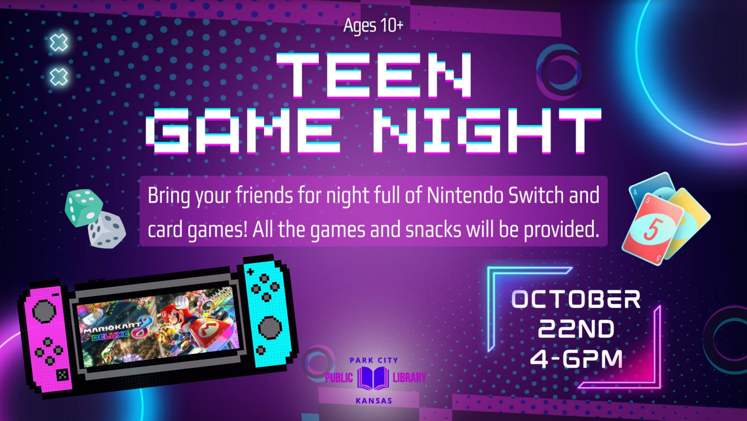 Ready for a night of epic fun? Join us at the library for TEEN GAME NIGHT! 🎉🎲 Mark your calendars for October 22nd, from 4-6pm, and bring your friends, family, and all the excitement you can muster! This event is open to everyone ages 10+ and promises a night packed with fun games, tasty snacks, and loads of laughter. 🤩🕹️ We’ve got all the games covered, so all you need to do is show up and have a blast. Whether you want to win the next race in Mario Kart or play a round of Uno there's something for everyone!