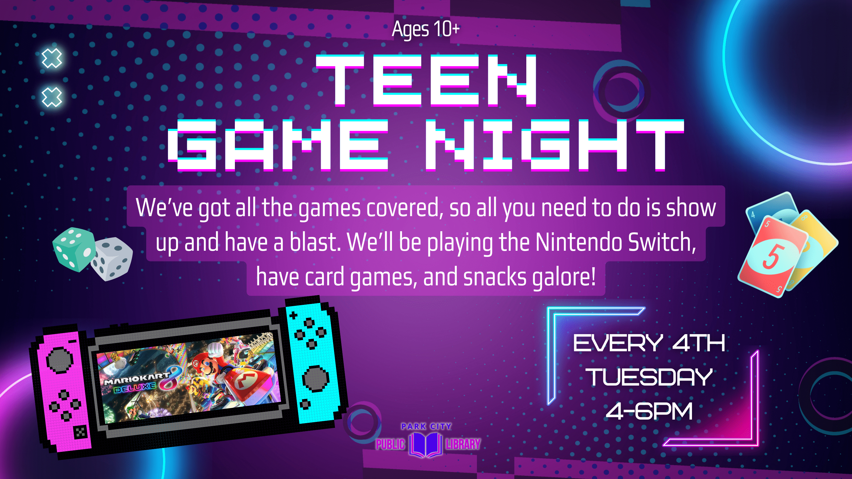 Ready for a night of epic fun? Join us at the library for TEEN GAME NIGHT! 🎉🎲 Mark your calendars for every fourth tuesday of the month, from 4-6pm, and bring your friends, family, and all the excitement you can muster! This event is open to everyone ages 10+ and promises a night packed with fun games, tasty snacks, and loads of laughter. 🤩🕹️ We’ve got all the games covered, so all you need to do is show up and have a blast. Whether you want to win the next race in Mario Kart or play a round of Uno there's something for everyone!